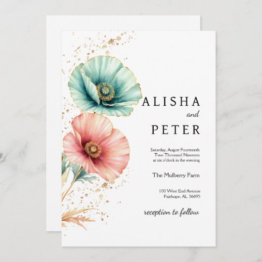 Elégant Faire-part de mariage d'aquarelle bleu et (Devant / Derrière)