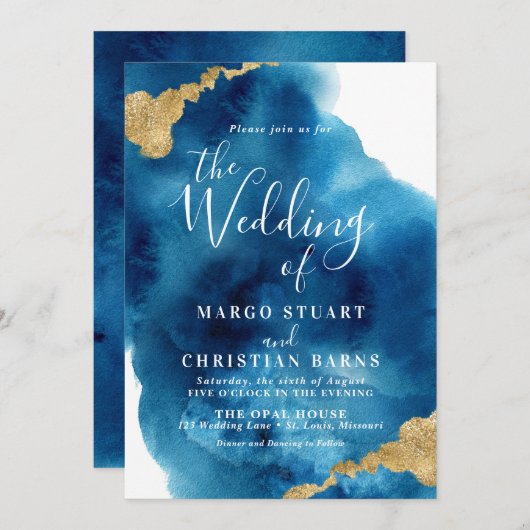 Elégant Faire-part de mariage d'aquarelle bleu et  (Devant / Derrière)