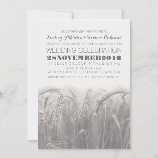 Elégant faire-part de mariage de blé blanc gris ru (Devant)