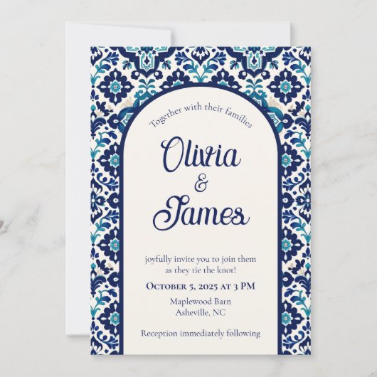 Elégant Faire-part de mariage de Carrelage Bleu Mé (Devant)