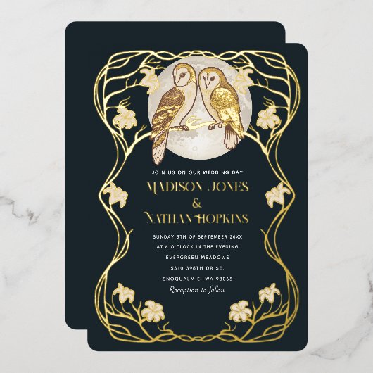 Élégant Faire-part de mariage de Chouettes Art Nou (Recto/Verso)