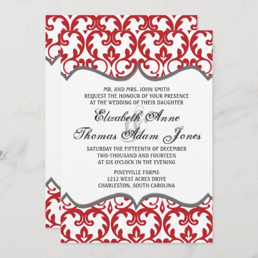 Élégant Faire-part de mariage de coeur rouge damas (Devant / Derrière)