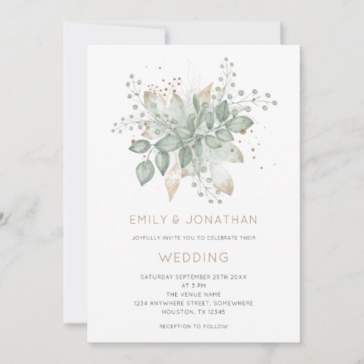 Élégant Faire-part de mariage de feuillage d'or ve (Devant)