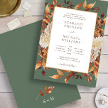 Élégant Faire-part de mariage de feuilles d'automn<br><div class="desc">Élégant Feuilles D'Automne Faire-part de mariage. Cette élégante invitation de mariage présente de belles aquarelles peintes à la main feuilles d'orange brûlé et de terre cuite, dahlias crème et beige, et de beaux roses roux et marron sur un arrière - plan vert sage, parfait pour un mariage d'automne! Le dos...</div>