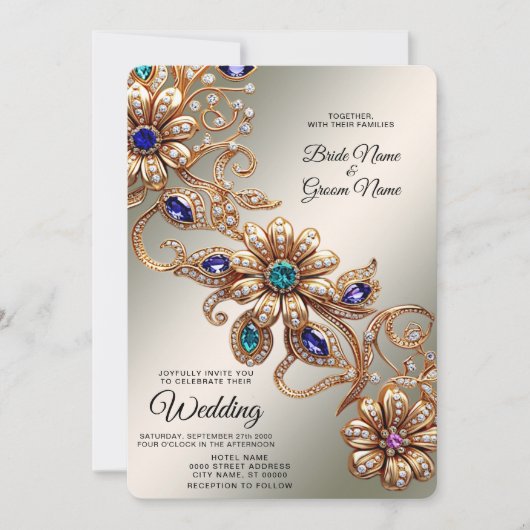 Élégant Faire-part de mariage de fleurs de bijoux  (Devant)