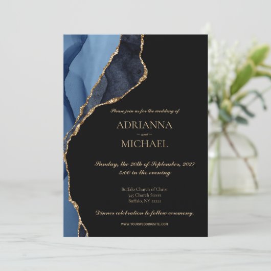 Élégant Faire-part de mariage de marbre bleu Agate (Debout devant)