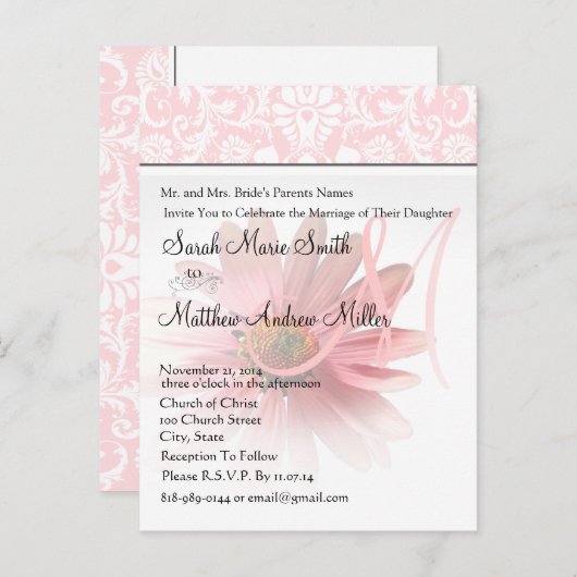 Élégant Faire-part de mariage de marguerite rose M (Devant / Derrière)