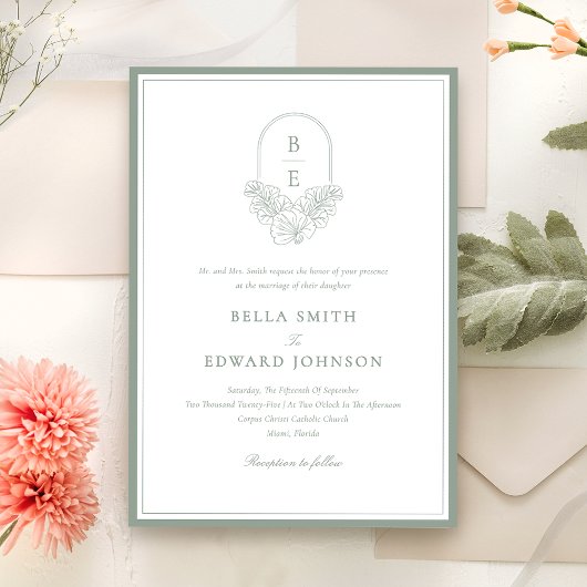 Élégant Faire-part de mariage de monogramme vert S