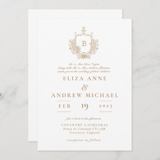 Élégant Faire-part de mariage de monographie or (Devant / Derrière)