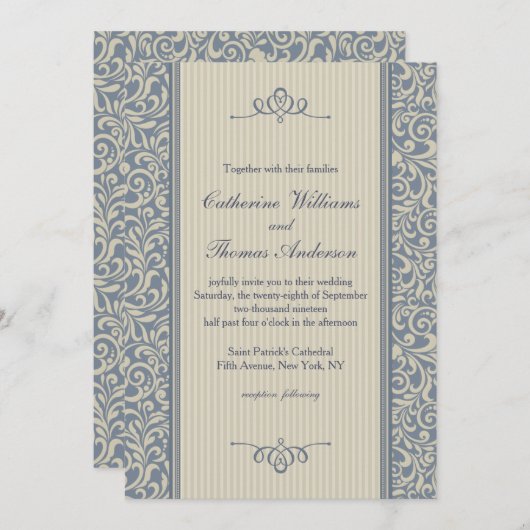 Elégant Faire-part de mariage de motif de Damas bl (Devant / Derrière)