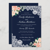 Élégant Faire-part de mariage de pêche de dentelle (Devant / Derrière)