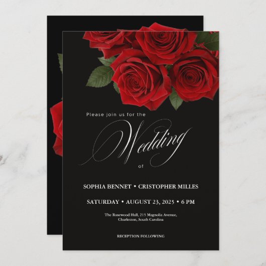 Elégant Faire-part de mariage de Roses Noires et R (Devant / Derrière)