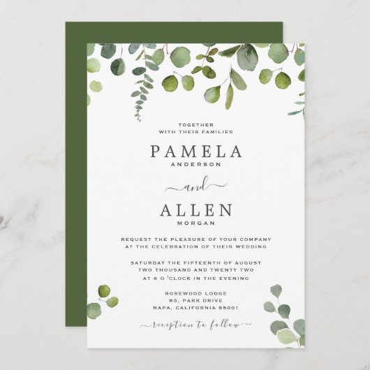 Élégant Faire-part de mariage de script Eucalyptus (Devant / Derrière)