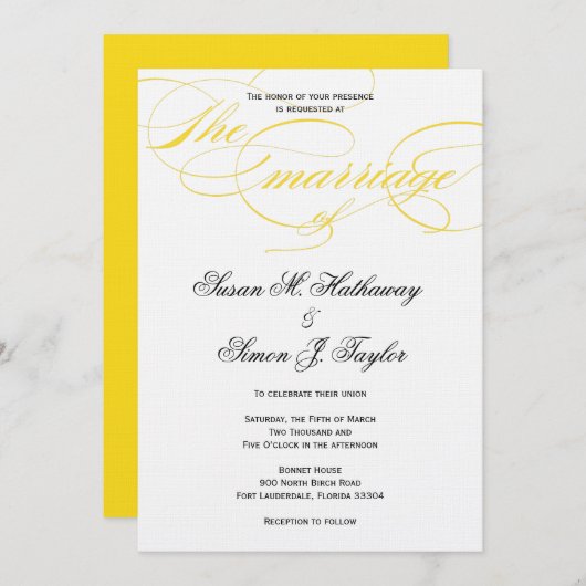 Élégant Faire-part de mariage de script - Jaune (Devant / Derrière)
