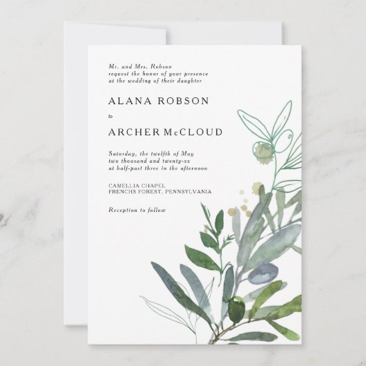 Élégant Faire-part de mariage de verdure d'olive (Devant)