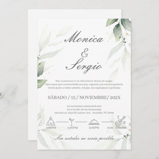 Elégant Faire-part de mariage de verdure en espagn (Devant / Derrière)