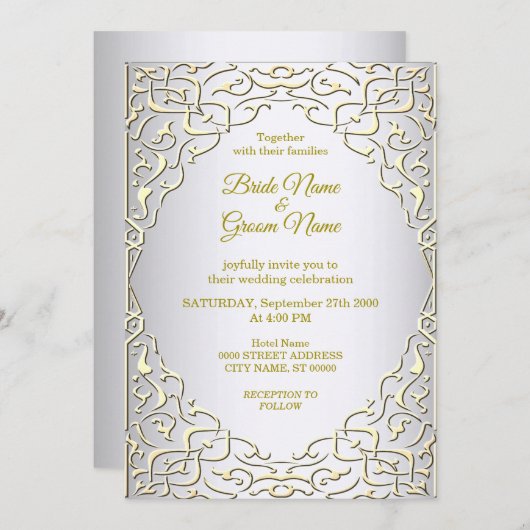 Élégant Faire-part de mariage décoratif en or arge (Devant / Derrière)
