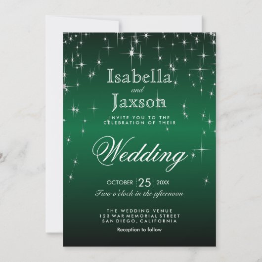 Élégant Faire-part de mariage d'Étoiles Vert foncé (Devant)