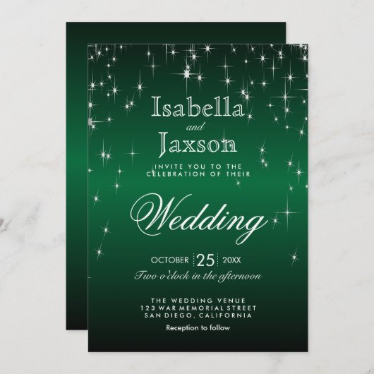 Élégant Faire-part de mariage d'Étoiles Vert foncé (Devant / Derrière)