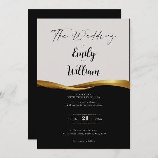 Elégant faire-part de mariage d'or (Devant / Derrière)