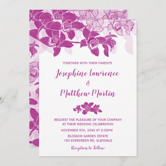 Élégant Faire-part de mariage d'orchidées magenta (Devant / Derrière)