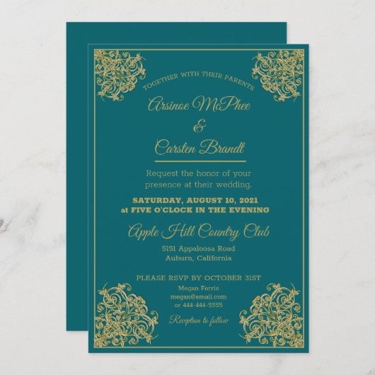 Élégant Faire-part de mariage doré (Devant / Derrière)