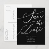 Élégant Faire-Part de Mariage Écriture Argent Noir (Devant / Derrière)