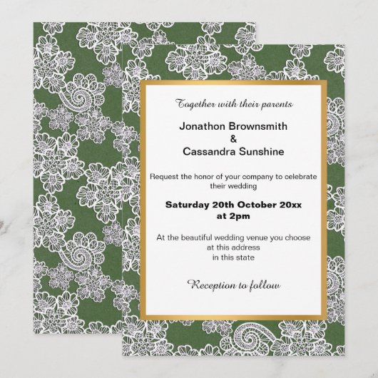 ÉLÉGANT FAIRE-PART DE MARIAGE EN LACE BLANCHE VERT (Devant / Derrière)