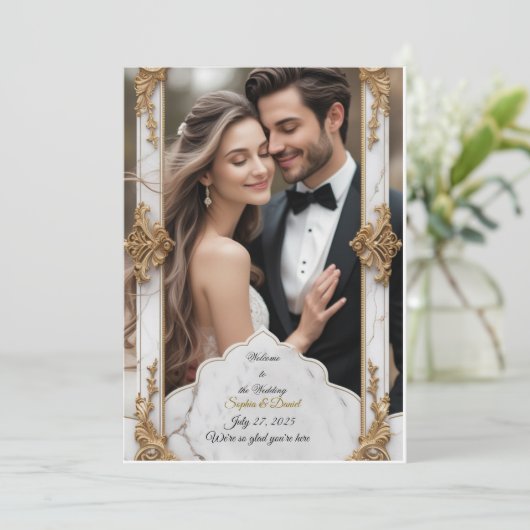 Elégant Faire-part de mariage en marbre et or (Debout devant)