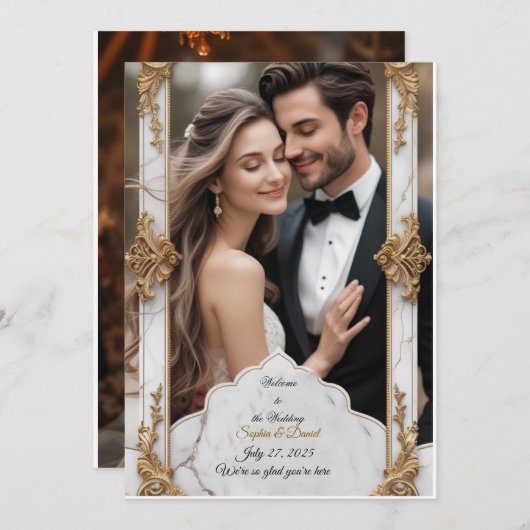 Elégant Faire-part de mariage en marbre et or (Devant / Derrière)