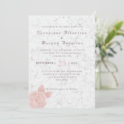 Élégant faire-part de mariage en marbre rose (Debout devant)