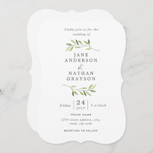 Elégant Faire-part de mariage feuille aquarelle (Devant / Derrière)