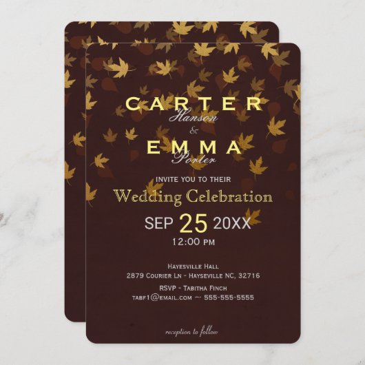 Élégant Faire-part de mariage Feuille d'or d'autom (Devant / Derrière)