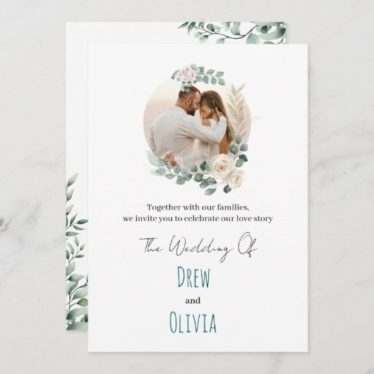 Élégant Faire-part de mariage Feuille vert (Devant / Derrière)