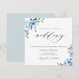 élégant faire-part de mariage fleuri bleu et blanc