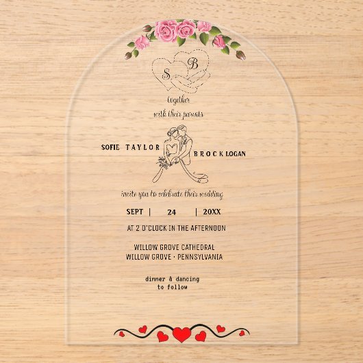 Élégant Faire-part de mariage floral acrylique ave (Recto)