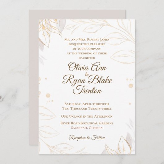 Élégant Faire-part de mariage Floral Beige (Devant / Derrière)