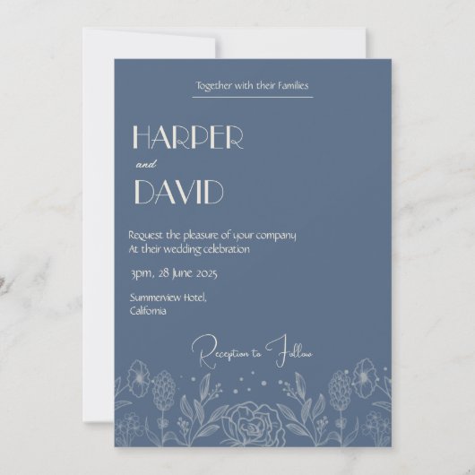 Élégant Faire-part de mariage Floral Bleu (Devant)