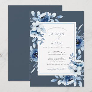 Élégant Faire-Part de Mariage Floral Bleu Ardoise