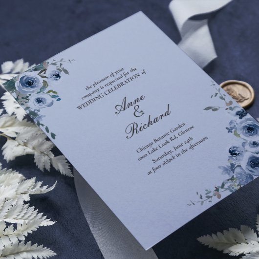 Elégant Faire-part de mariage Floral bleu Dusty