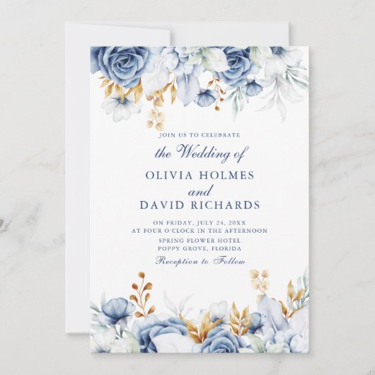Elégant Faire-part de mariage Floral Bleu et Or (Devant)