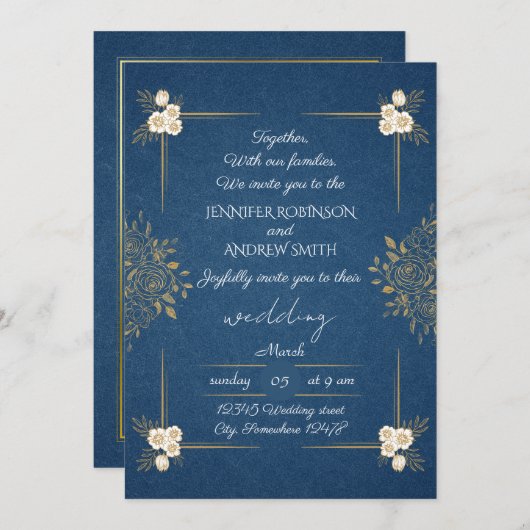 Elégant Faire-part de mariage floral bleu et or ma (Devant / Derrière)