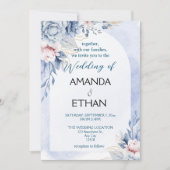 Elégant faire-part de mariage floral bleu poussiér (Devant)