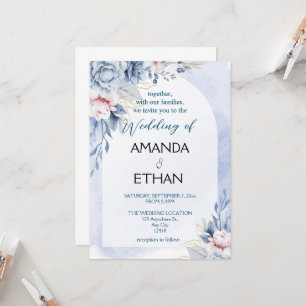 Elégant faire-part de mariage floral bleu poussiér