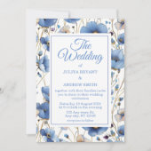 Elégant Faire-part de mariage floral bleu poussiér (Devant)