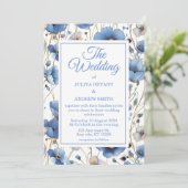Elégant Faire-part de mariage floral bleu poussiér (Debout devant)