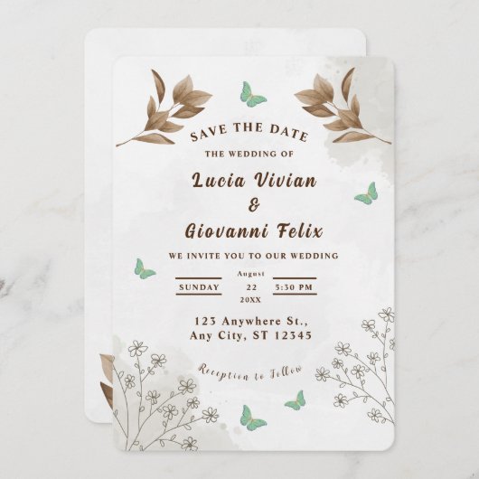 Élégant faire-part de mariage floral et papillon (Devant / Derrière)