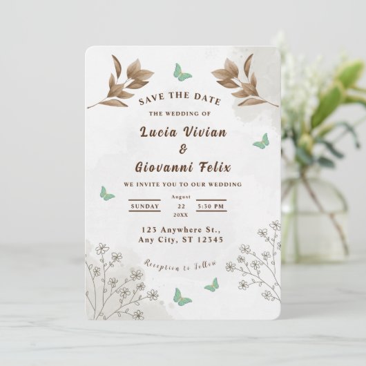 Élégant faire-part de mariage floral et papillon (Debout devant)