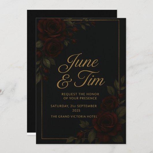 Élégant Faire-part de mariage floral foncé (Devant / Derrière)