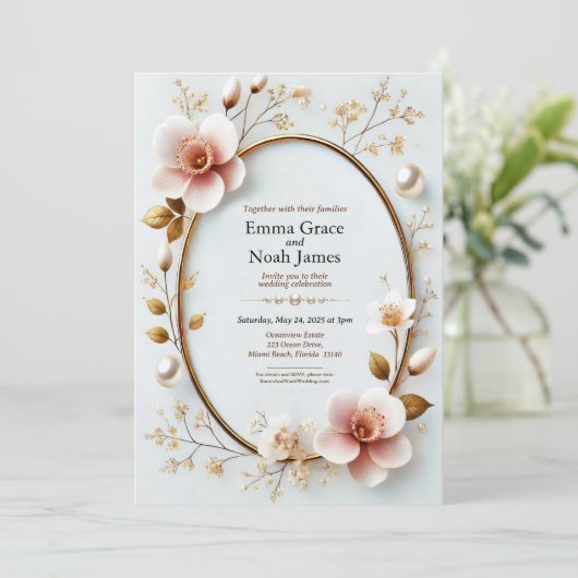 Elégant Faire-part de mariage Floral Frame Or (Debout devant)